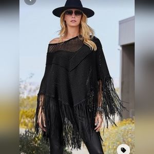 Boston Proper NWOT black faux suede fringe poncho